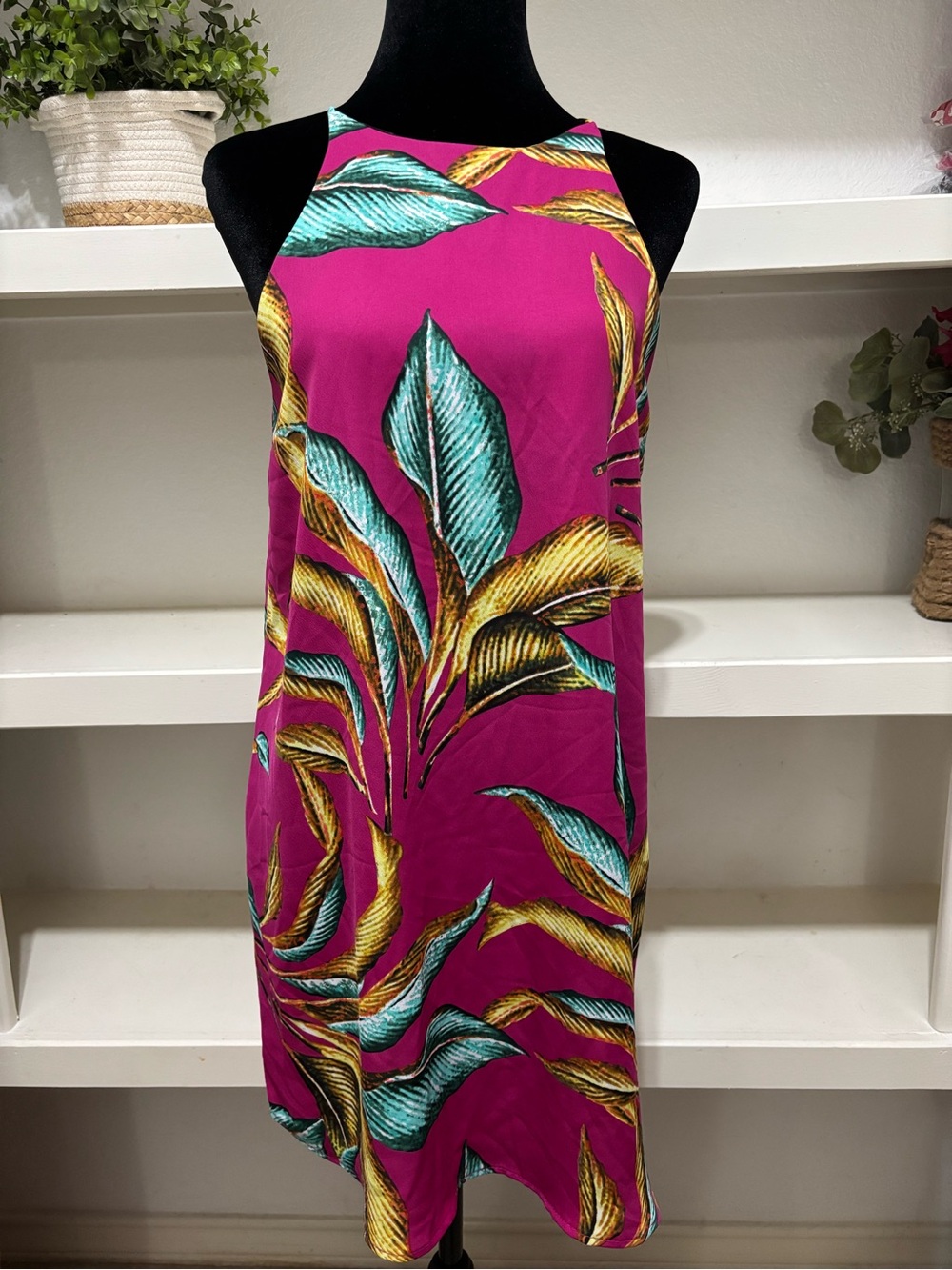 Magenta Tropical Halter Mini Dress